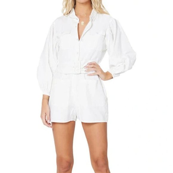 L*SPACE Ryder Romper Cream Long Sleeve Belted Button Up Linen Blend Pockets L - Picture 1 of 15